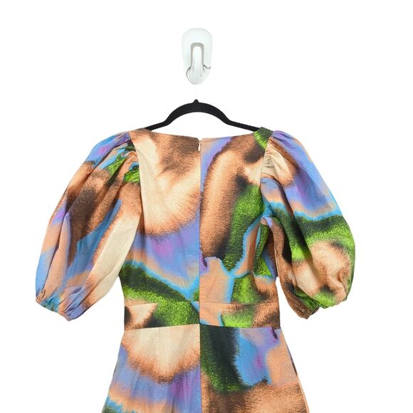 Rotate Women 0 Cara Dress Dusty Orange Watercolor Cutout Puff Sleeve Cotton Midi - Picture 9 of 9